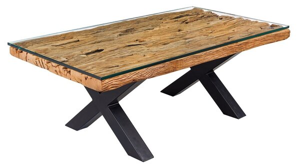 Designový moderní obdélníkový konferenční stolek Barracuda s hnědou teakovou a skleněnou deskou a černýma nohama 110 cm