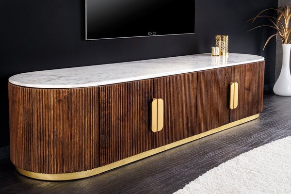 Luxusní art deco oválný čtyřdveřový TV stolek Gatsby z hnědého masivu s drážkovaným reliéfem a bílou mramorovou deskou 170 cm