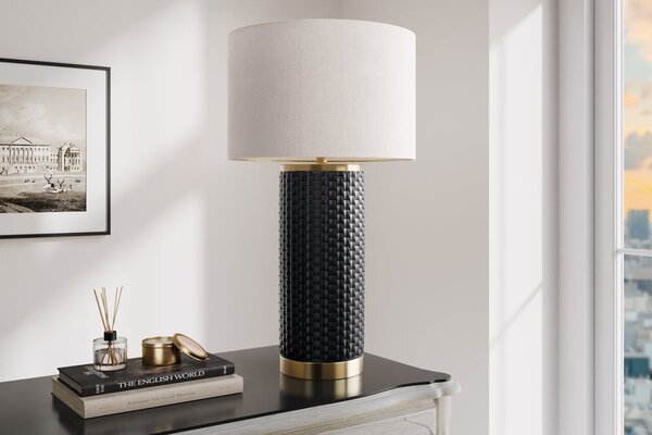 Designová art deco stolní lampa Draconia s černou reliéfní keramickou nohou a bílým stínítkem se zlatým akcentem 70 cm