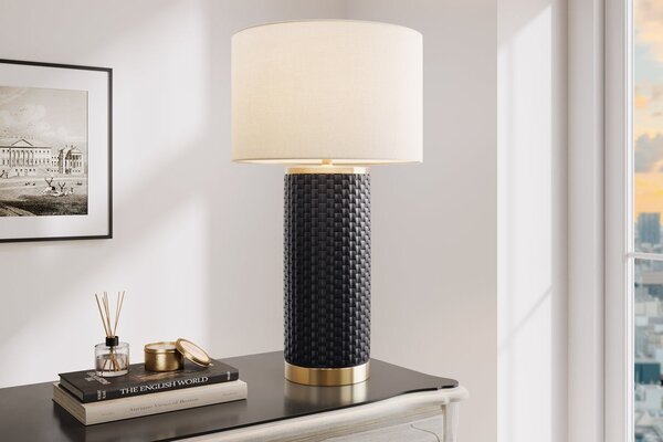 Designová art deco stolní lampa Draconia s černou reliéfní keramickou nohou a bílým stínítkem se zlatým akcentem 70 cm