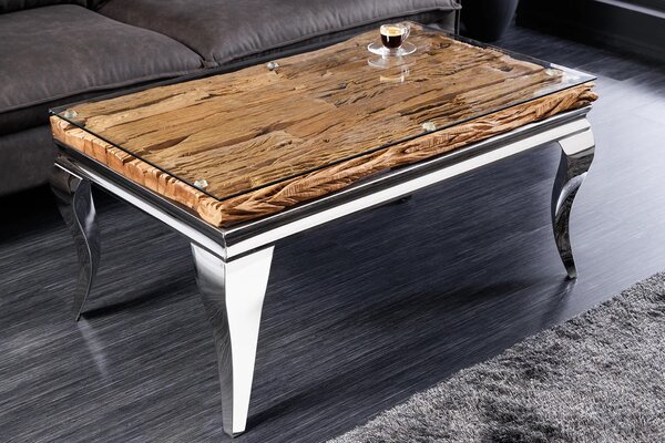 Luxusní designový obdélníkový konferenční stolek Modern Barock s chromovou podstavou a deskou ze skla a masivního dřeva 100 cm