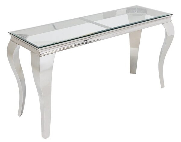 Luxusní glamour konzolový stolek Modern Barock s chromovou konstrukcí a deskou z hnědého masivního dřeva a skla 145 cm