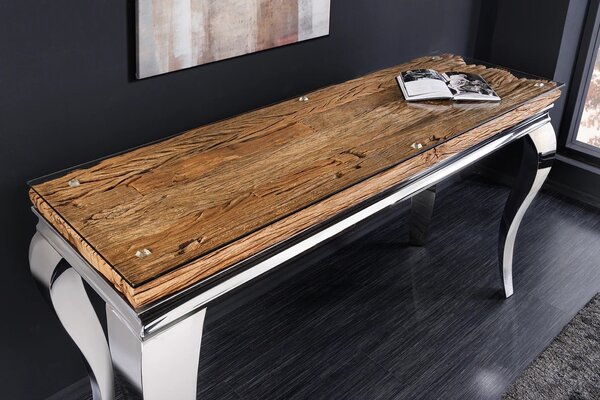 Luxusní glamour konzolový stolek Modern Barock s chromovou konstrukcí a deskou z hnědého masivního dřeva a skla 145 cm