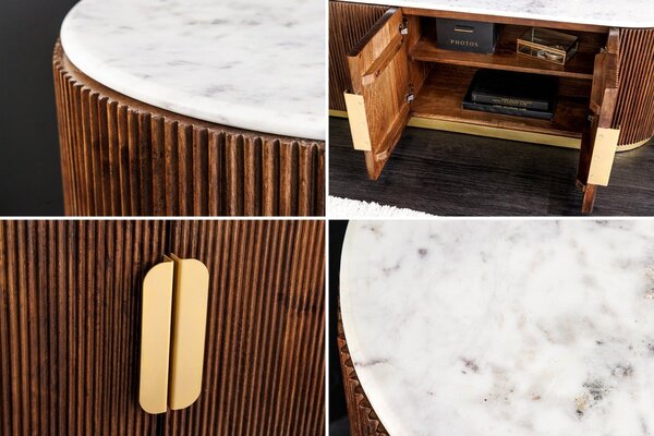 Luxusní art deco oválný čtyřdveřový TV stolek Gatsby z hnědého masivu s drážkovaným reliéfem a bílou mramorovou deskou 170 cm