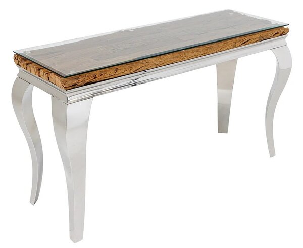 Luxusní glamour konzolový stolek Modern Barock s chromovou konstrukcí a deskou z hnědého masivního dřeva a skla 145 cm