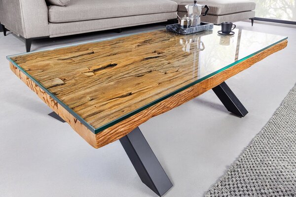 Designový moderní obdélníkový konferenční stolek Barracuda s hnědou teakovou a skleněnou deskou a černýma nohama 110 cm