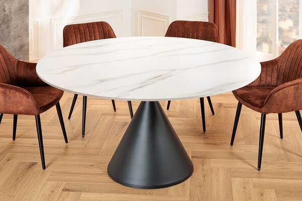 Designový moderní kulatý jídelní stůl Eskarina s bílou mramorovou deskou z keramiky a černou geometrickou nohou 135 cm