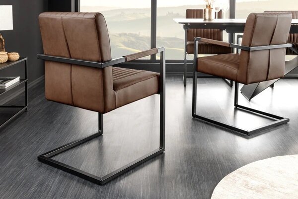 Industriální retro hnědá kožená prošívaná konzolová jídelní židle Inspirativo s černou kovovou konstrukcí 88 cm
