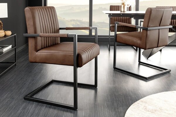 Industriální retro hnědá kožená prošívaná konzolová jídelní židle Inspirativo s černou kovovou konstrukcí 88 cm