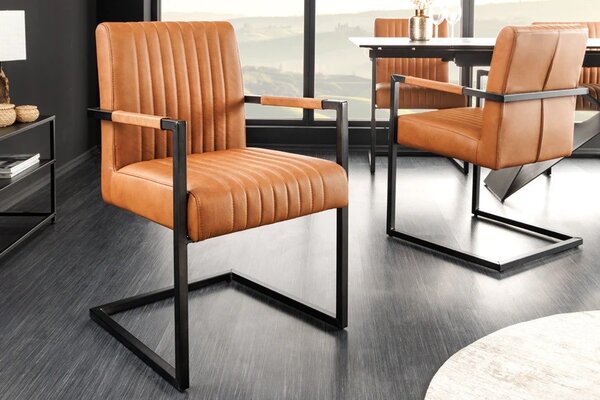 Industriální jídelní židle Inspirativo s retro hnědým koňakovým koženým potahem a černou konzolovou konstrukcí 88 cm