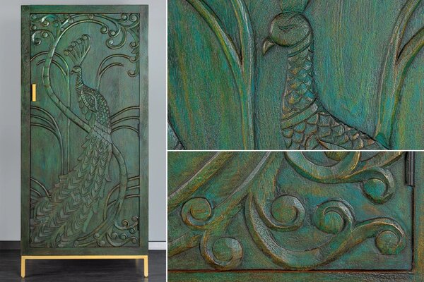 Orientální obdélníková art deco barová skříňka Birdy ze zeleného mangového dřeva s vyřezávaným pávem a zlatými nožičkami 166 cm