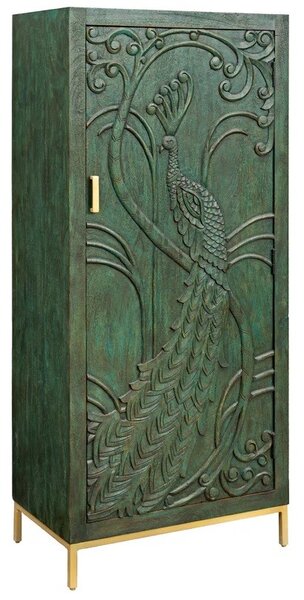 Orientální obdélníková art deco barová skříňka Birdy ze zeleného mangového dřeva s vyřezávaným pávem a zlatými nožičkami 166 cm