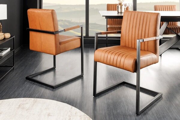 Industriální jídelní židle Inspirativo s retro hnědým koňakovým koženým potahem a černou konzolovou konstrukcí 88 cm