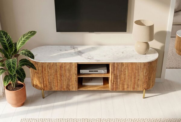 Art deco hnědý oválný TV stolek Celestia z mangového dřeva s bílou mramorovou deskou se zlatými úchyty 140 cm