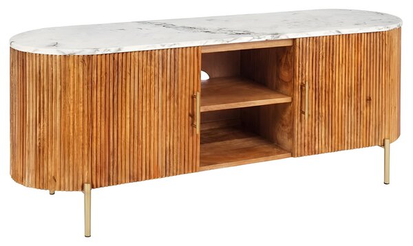 Art deco hnědý oválný TV stolek Celestia z mangového dřeva s bílou mramorovou deskou se zlatými úchyty 140 cm