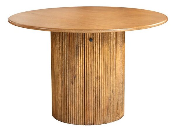 Art deco kulatý jídelní stůl Celestia z mangového dřeva v hnědé barvě s drážkovanou nohou a úložným prostorem 120 cm
