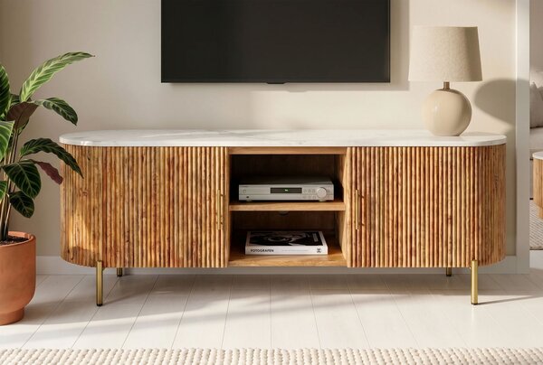 Art deco hnědý oválný TV stolek Celestia z mangového dřeva s bílou mramorovou deskou se zlatými úchyty 140 cm