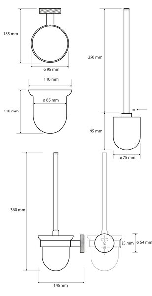 Sapho Sapho, LARISSA WC kartáč, mléčné sklo, černá/zlato mat, WS008BG