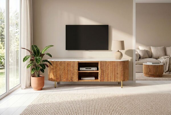 Art deco hnědý oválný TV stolek Celestia z mangového dřeva s bílou mramorovou deskou se zlatými úchyty 140 cm