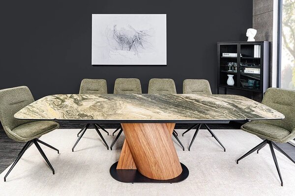 Moderní rozkládací obdélníkový jídelní stůl Hoal se zeleno-béžovou mramorovou deskou a designovou ořechovou nohou 180-260 cm