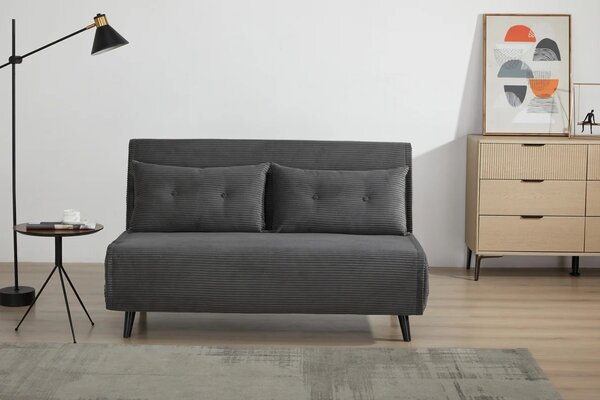 Designové dvoumístné rozkládací křeslo Kurt s manšestrovým potahem v šedé barvě s černými nožičkami 140 cm