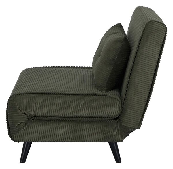 Designové skandinávské rozkládací manšestrové křeslo Kurt v olivově zelené barvě s černými nožičkami 100 cm