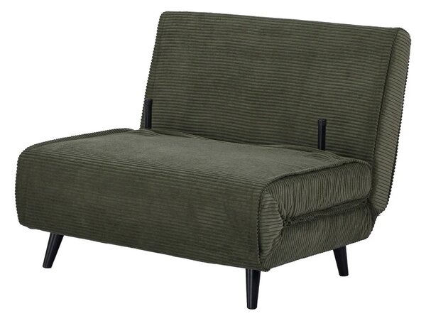 Designové skandinávské rozkládací manšestrové křeslo Kurt v olivově zelené barvě s černými nožičkami 100 cm