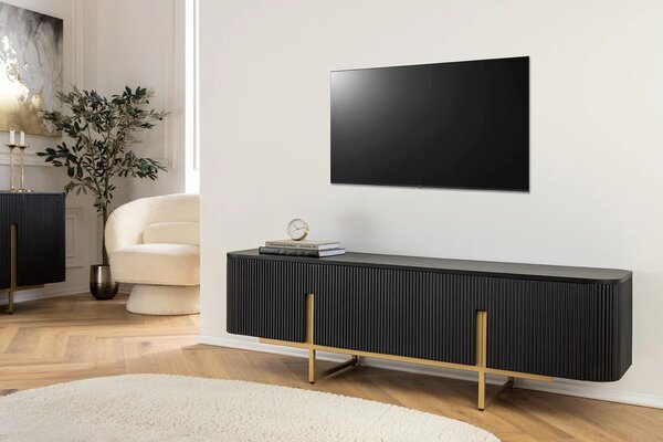 Art deco obdélníkový čtyřdveřový TV stolek Gatsby z černého mangového dřeva s lamelami se zlatými úchyty a nožičkami 160 cm