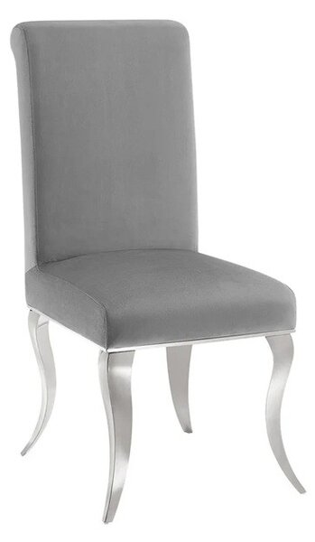 Designová moderní jídelní židle Modern Barock se stříbrnýma kabriolovýma nohama a šedým sametovým potahem 105 cm