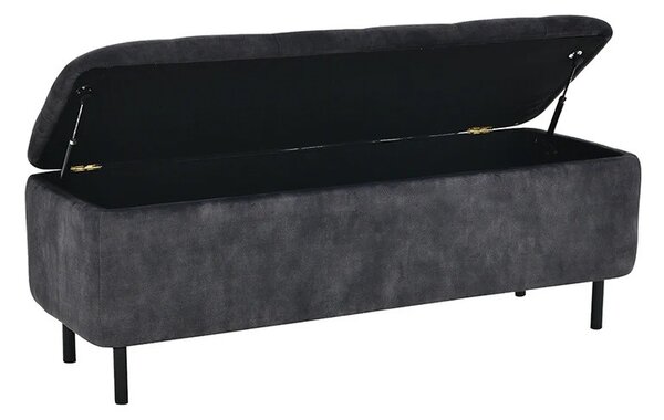 Designová čalouněná lavice Eliana s úložným prostorem a šedým sametovým potahem s chesterfield prošíváním na sedadle 120 cm