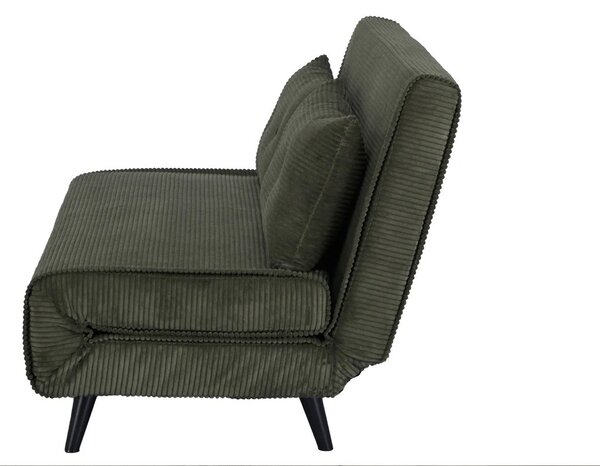 Designové skandinávské rozkládací dvoumístné kordové křeslo Kurt v olivově zelené barvě s černými nožičkami 140 cm