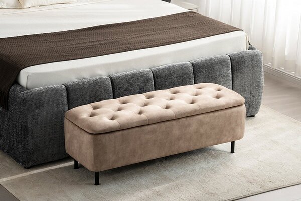 Moderní čalouněná lavice Eliana s úložným prostorem s béžovým sametovým potahem s chesterfield prošíváním na sedadle 120 cm