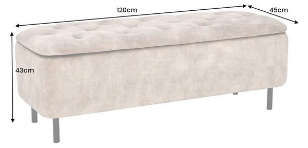 Moderní čalouněná lavice Eliana s úložným prostorem s béžovým sametovým potahem s chesterfield prošíváním na sedadle 120 cm