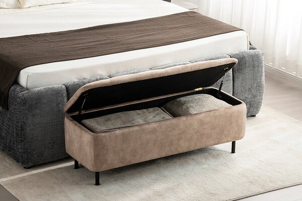 Moderní čalouněná lavice Eliana s úložným prostorem s béžovým sametovým potahem s chesterfield prošíváním na sedadle 120 cm