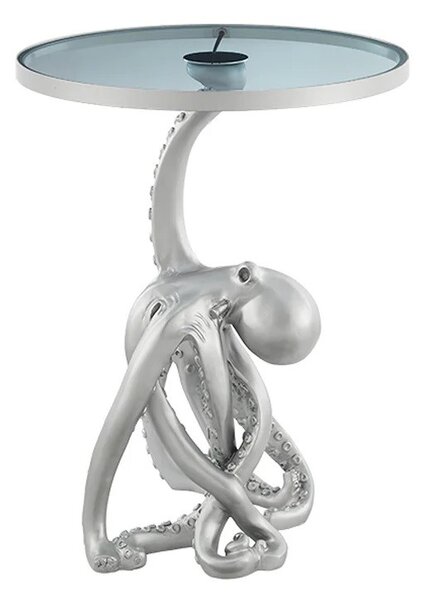 Glamour kulatý příruční stolek Tierra Glam se stříbrnou podstavou v podobě chobotnice se skleněnou deskou 53 cm