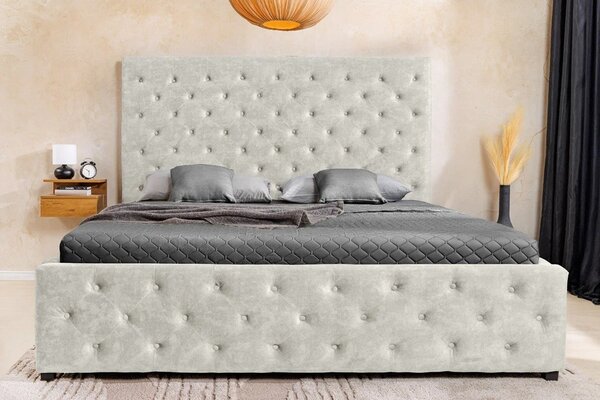 Designová čalouněná manželská postel Kreon s béžovým sametovým potahem s chesterfield prošíváním a úložným prostorem 180 cm