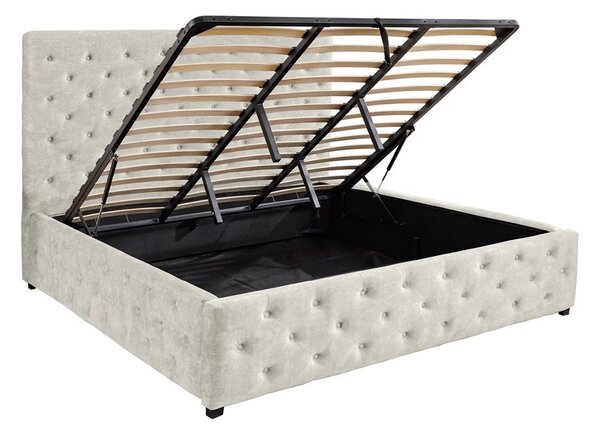 Designová čalouněná manželská postel Kreon s béžovým sametovým potahem s chesterfield prošíváním a úložným prostorem 180 cm
