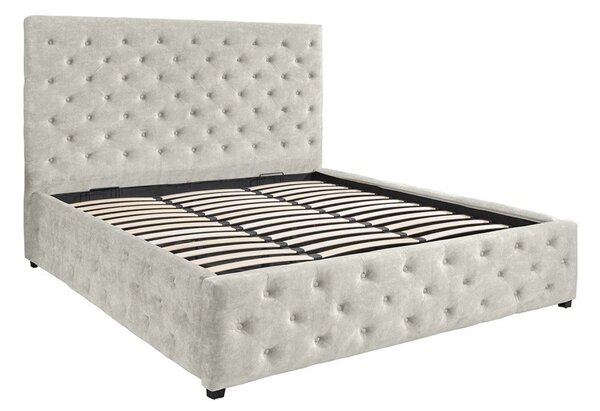 Designová čalouněná manželská postel Kreon s béžovým sametovým potahem s chesterfield prošíváním a úložným prostorem 180 cm