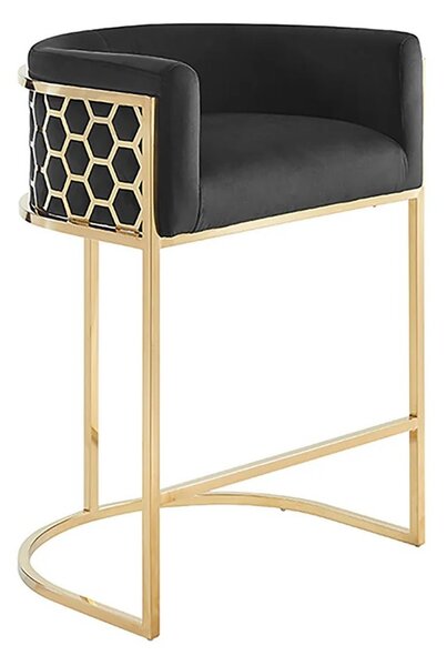 Art deco barová židle Ariande se sametovým černým potahem a zlatou kovovou konstrukcí 88 cm