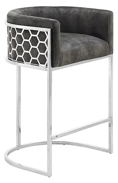 Art deco barová židle Arienda s šedým sametovým potahem a chromovou kovovou konstrukcí 88 cm