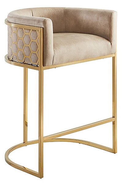 Art deco barová židle Ariande se sametovým béžovým potahem a zlatou kovovou konstrukcí 88 cm