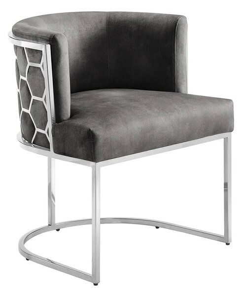 Art deco jídelní židle Leara s šedým sametovým potahem a stříbrnou kovovou konstrukcí se vzorem medového plátu 75 cm