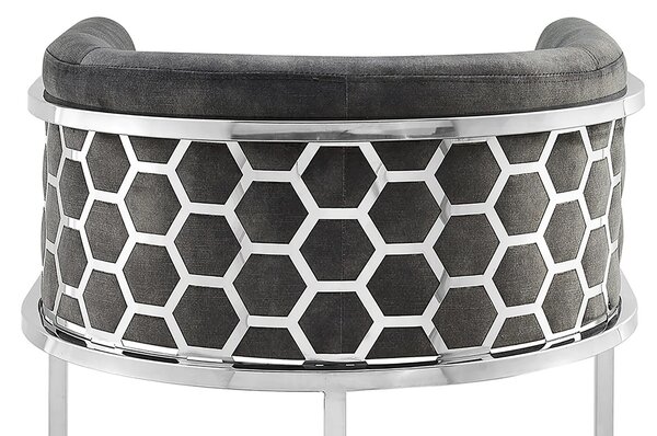 Art deco barová židle Arienda s šedým sametovým potahem a chromovou kovovou konstrukcí 88 cm