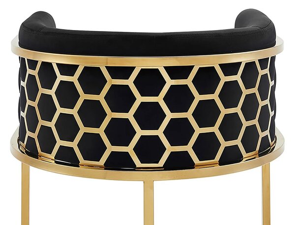 Art deco barová židle Ariande se sametovým černým potahem a zlatou kovovou konstrukcí 88 cm