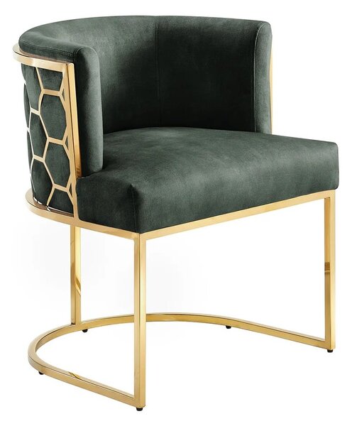 Art deco jídelní židle Leara se zeleným sametovým potahem a zlatou konstrukcí s designem šestiúhelníků 64 cm