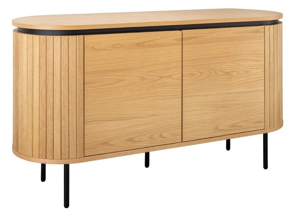 Moderní art deco oválný příborník Maderia se dvěma dvířky a lamelovým reliéfem v přírodním hnědém dubovém provedení 120 cm