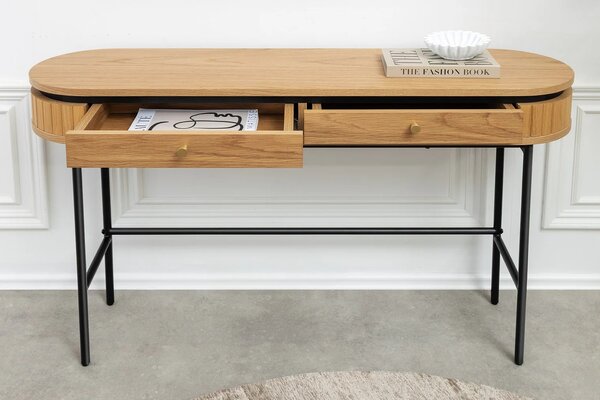 Designový industriální konzolový stolek Maderia s oválnou deskou a dvěma zásuvkami v dubové hnědé a černé barvě 120 cm