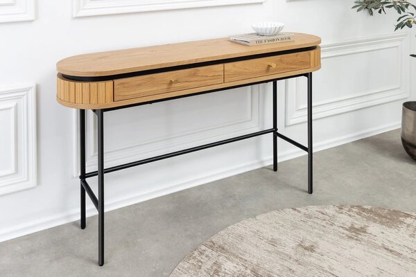 Designový industriální konzolový stolek Maderia s oválnou deskou a dvěma zásuvkami v dubové hnědé a černé barvě 120 cm
