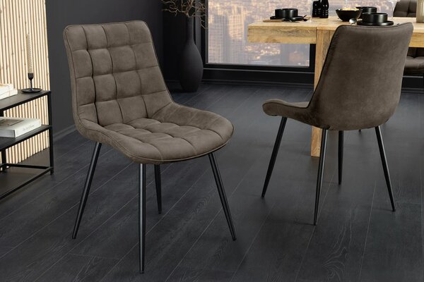 Designová industriální jídelní židle Moritz s prošívaným čalouněním v šedém odstínu taupu a černými kovovými nohami 51 cm
