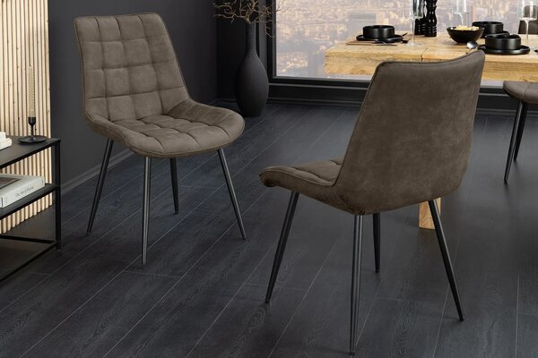 Designová industriální jídelní židle Moritz s prošívaným čalouněním v šedém odstínu taupu a černými kovovými nohami 51 cm